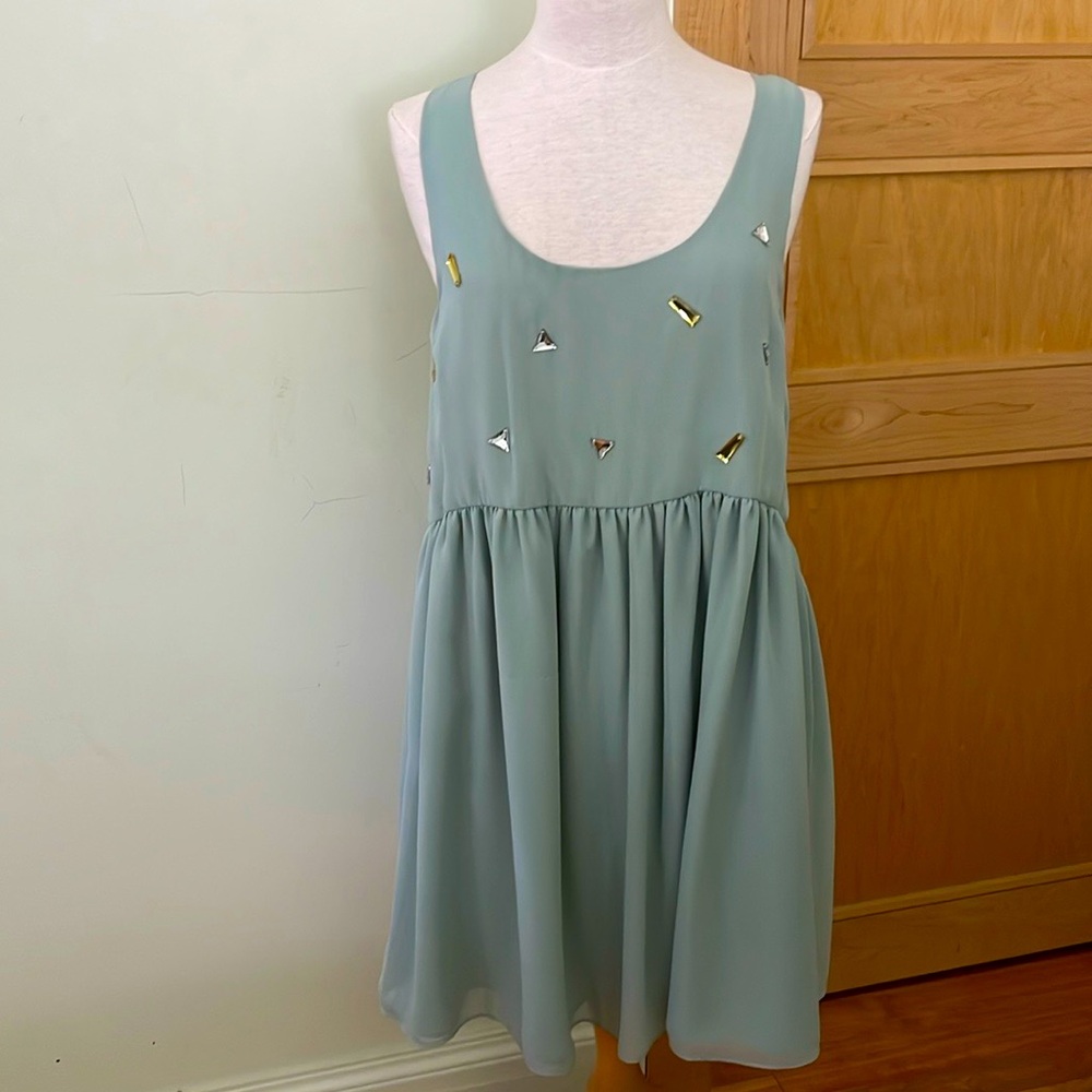 BCBG Generation Sleeveless Dusty Blue Chiffon Dress With Gem Beads, Size L